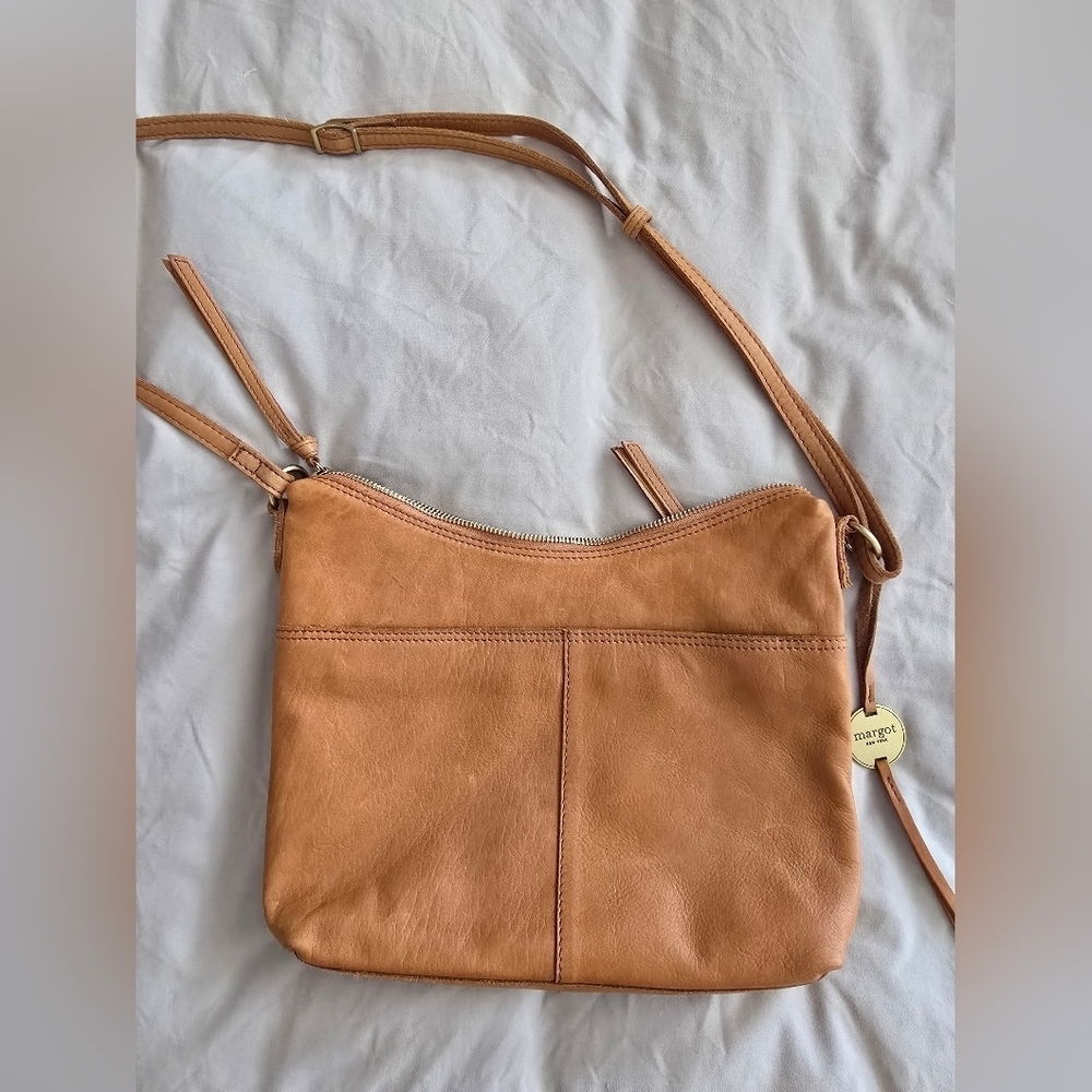 Margot New York Mary Scoop Double Zipper Cognac Brown Leather Shoulder Bag - Picture 3 of 10